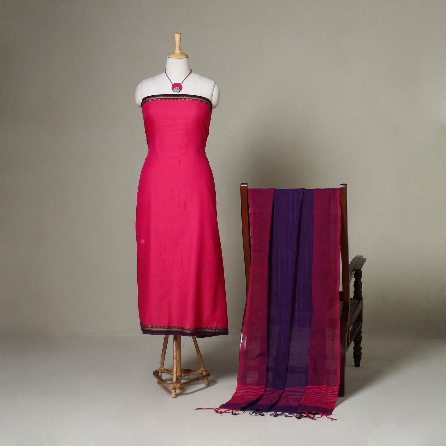 Pink - 2pc unstitched dharwad dress material with jewellery