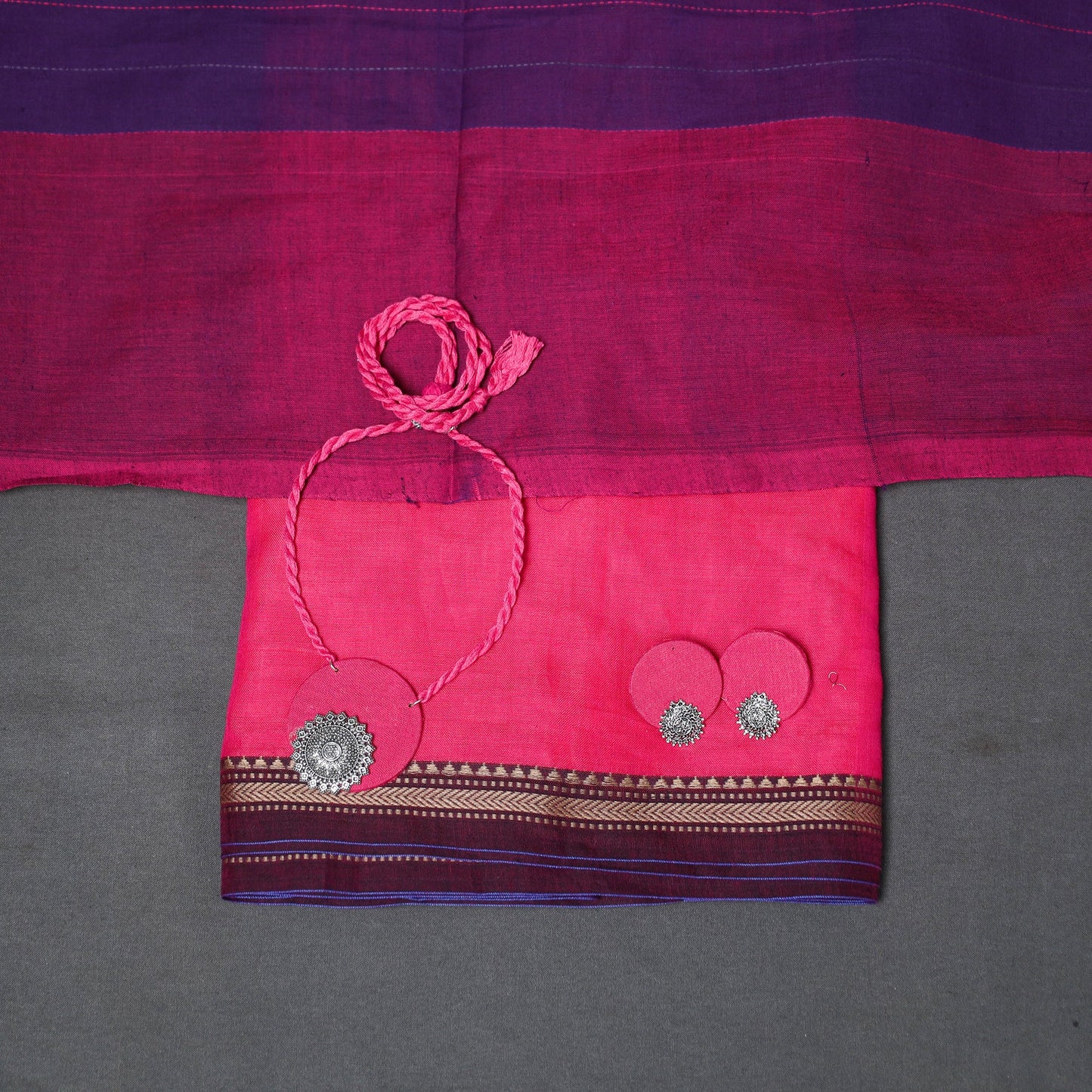 Pink - 2pc unstitched dharwad dress material with jewellery