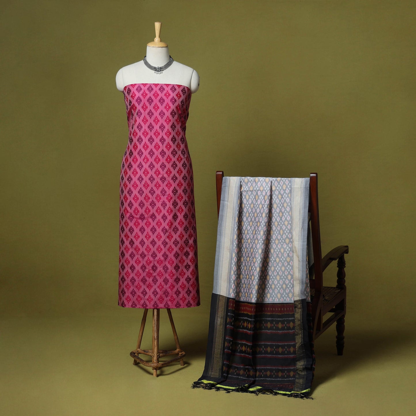 Pink - 2pc unstitched handloom sico pochampally ikat dress