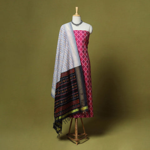 Pink - 2pc unstitched handloom sico pochampally ikat dress