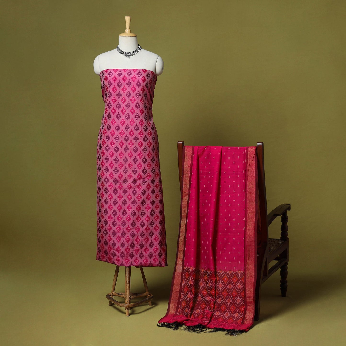 Pink - 2pc unstitched handloom sico pochampally ikat dress