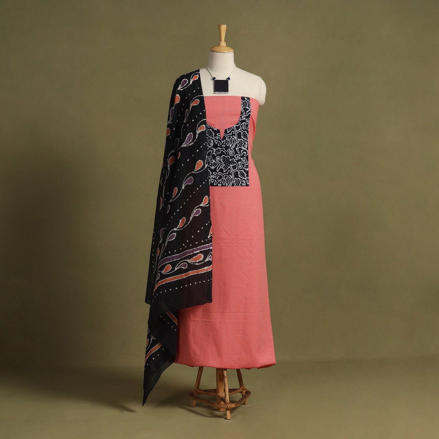 Pink - 2pc unstitched plain dress material with jewellery