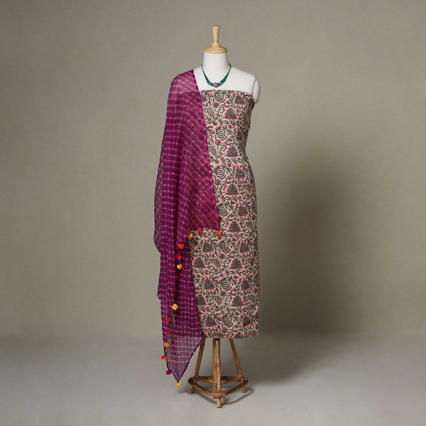 Pink - 2pc unstitched sanganeri dress material