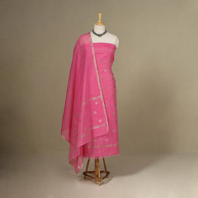 Pink - 2pc Zari Buti Handloom Unstitched Chanderi Silk Dress Material 