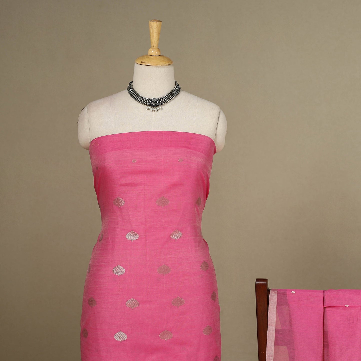 Pink - 2pc Zari Buti Handloom Unstitched Chanderi Silk Dress Material 