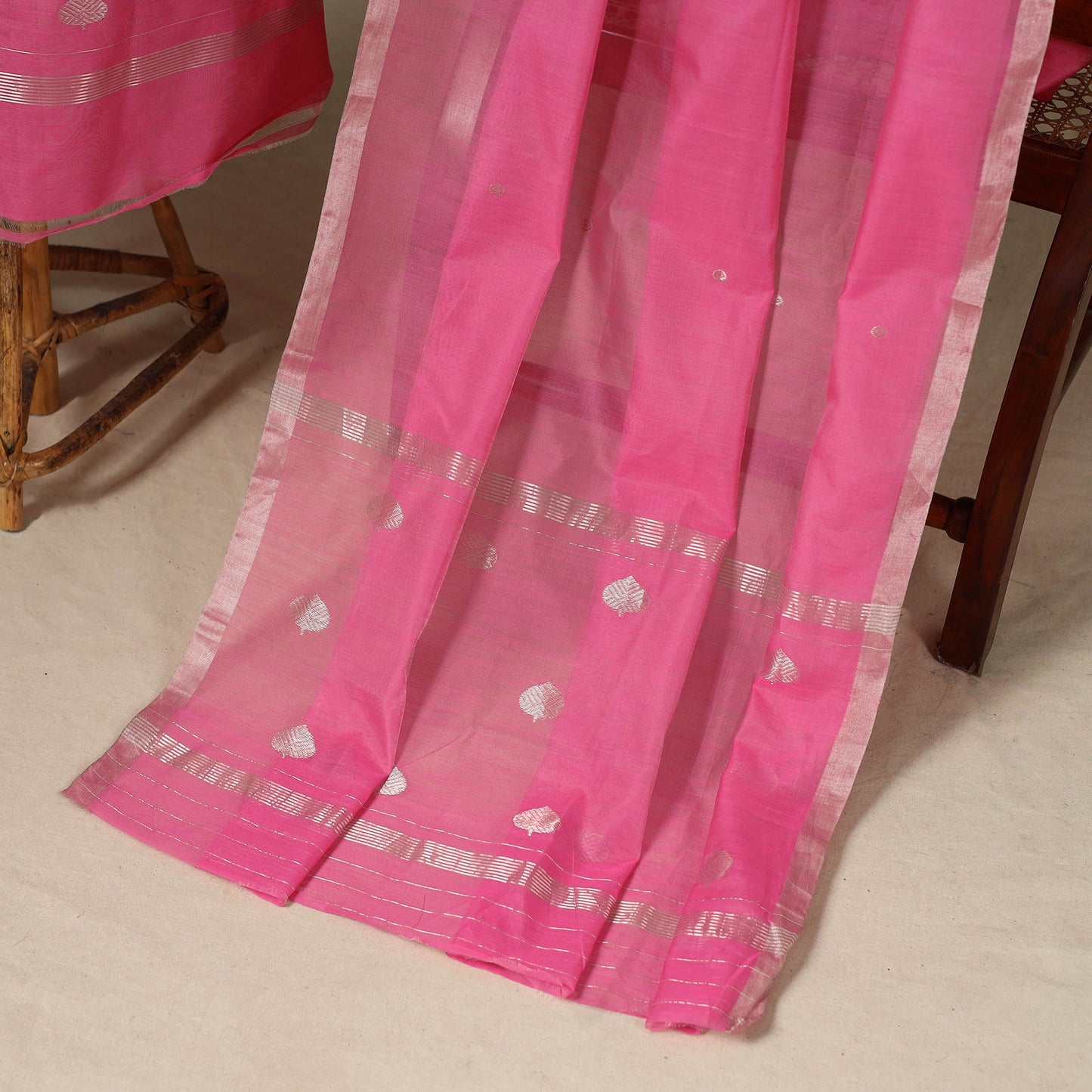 Pink - 2pc Zari Buti Handloom Unstitched Chanderi Silk Dress Material 