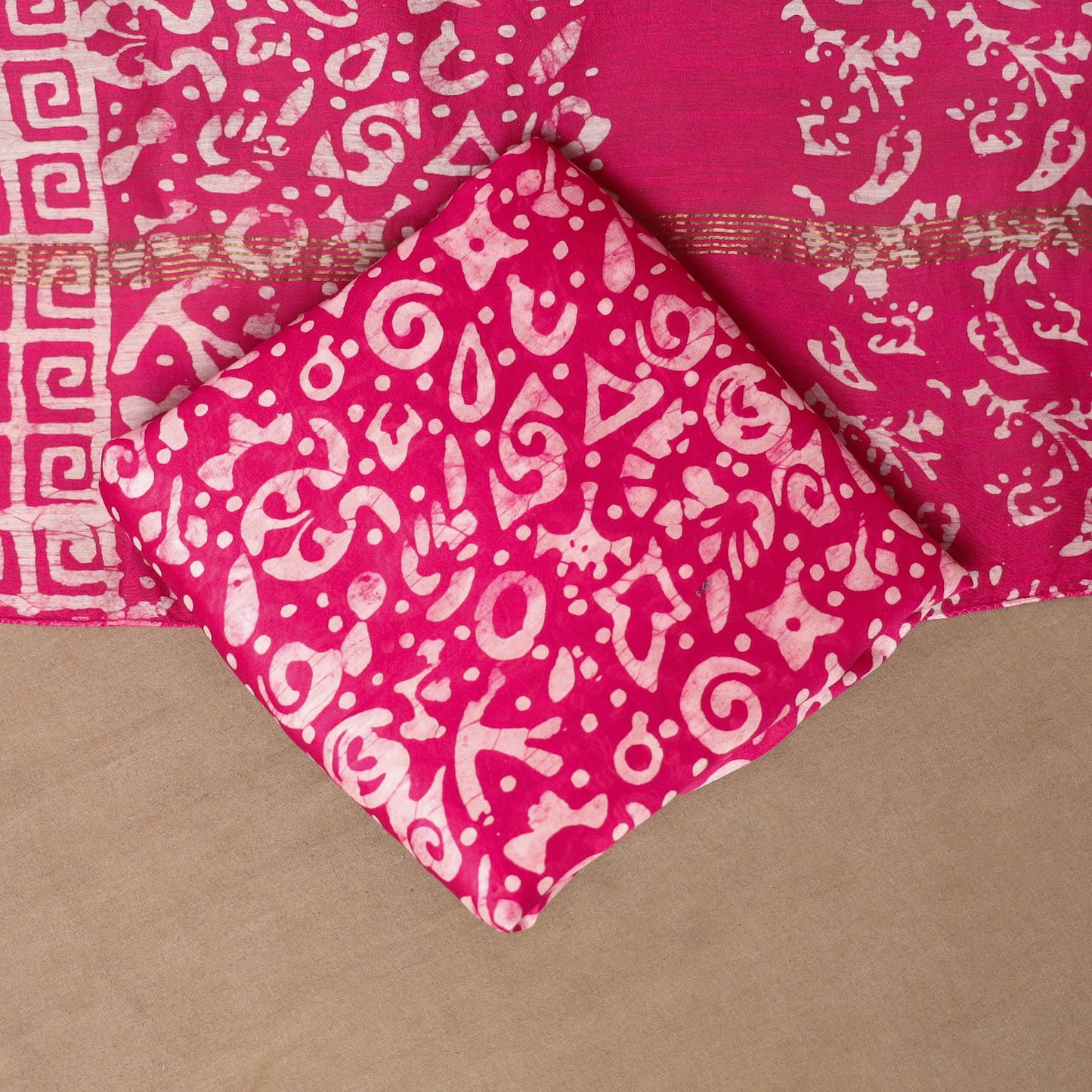 Pink - 3pc chanderi silk unstitched hand batik dress