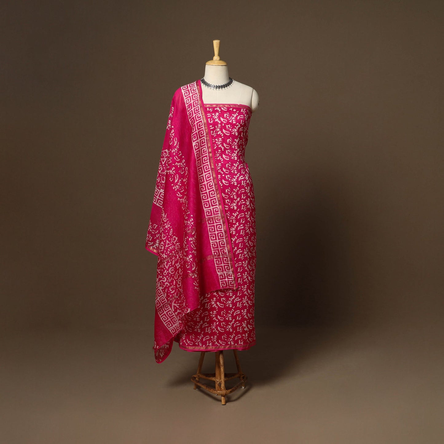 Pink - 3pc chanderi silk unstitched hand batik dress