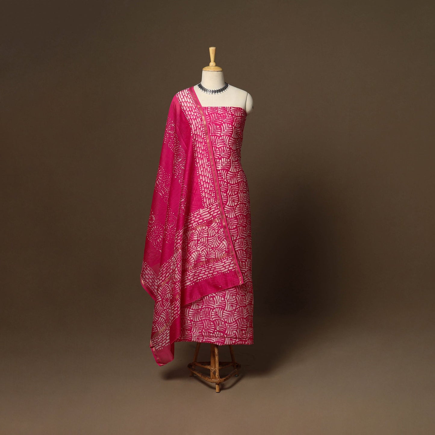 Pink - 3pc chanderi silk unstitched hand batik dress