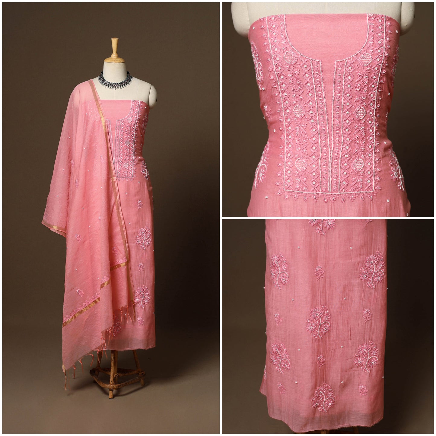 Pink - 3pc chanderi silk unstitched hand beads work heavy