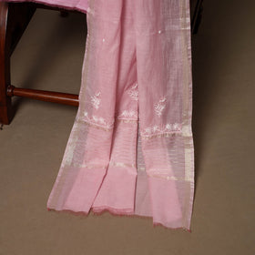 Pink - 3pc chanderi silk unstitched hand beads work heavy