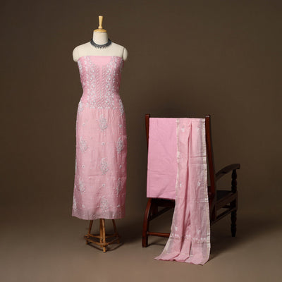 Pink - 3pc chanderi silk unstitched hand beads work heavy