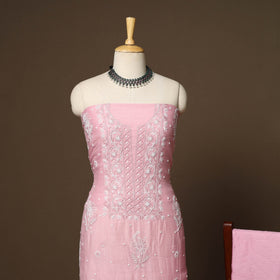 Pink - 3pc chanderi silk unstitched hand beads work heavy