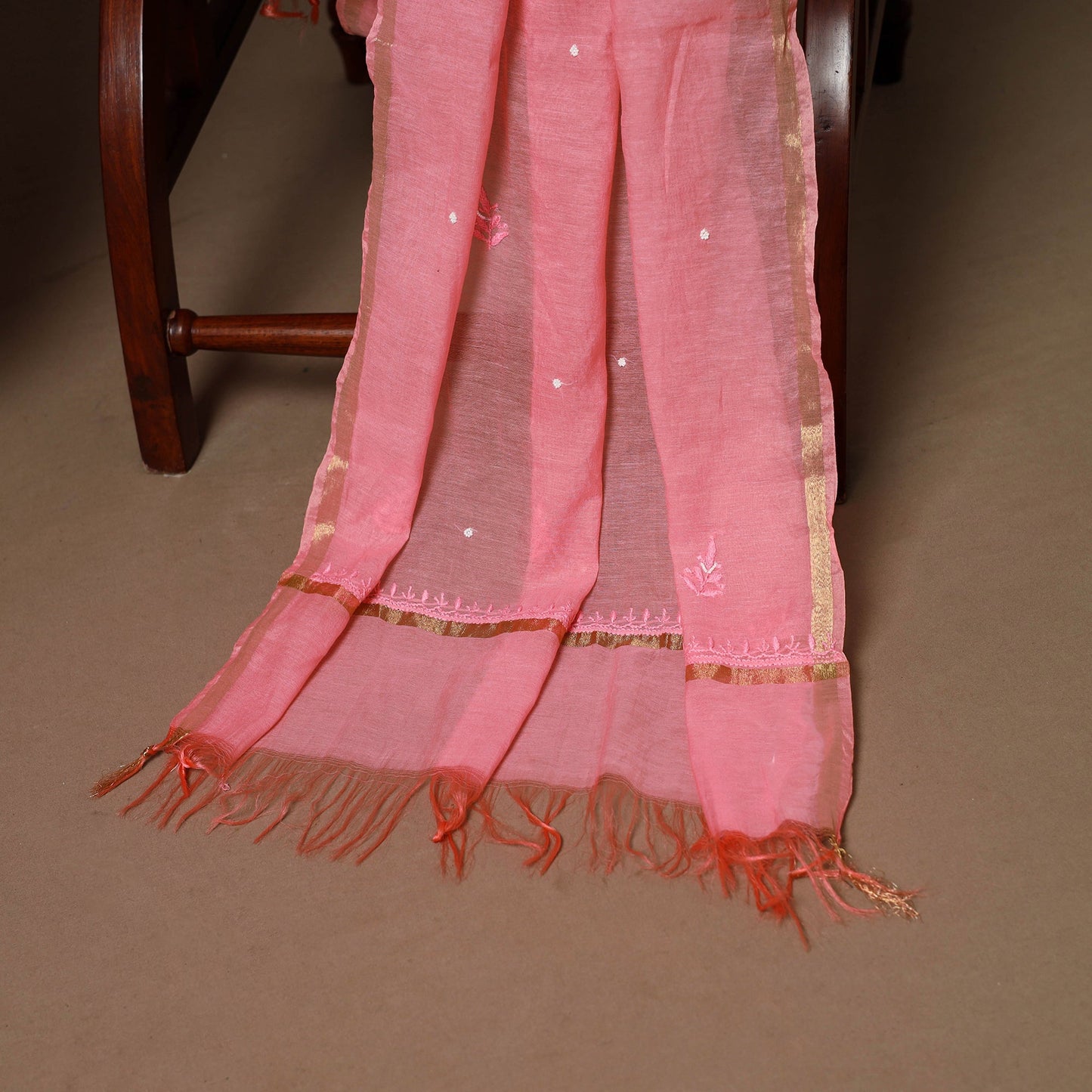 Pink - 3pc chanderi silk unstitched hand beads work heavy