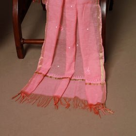 Pink - 3pc chanderi silk unstitched hand beads work heavy