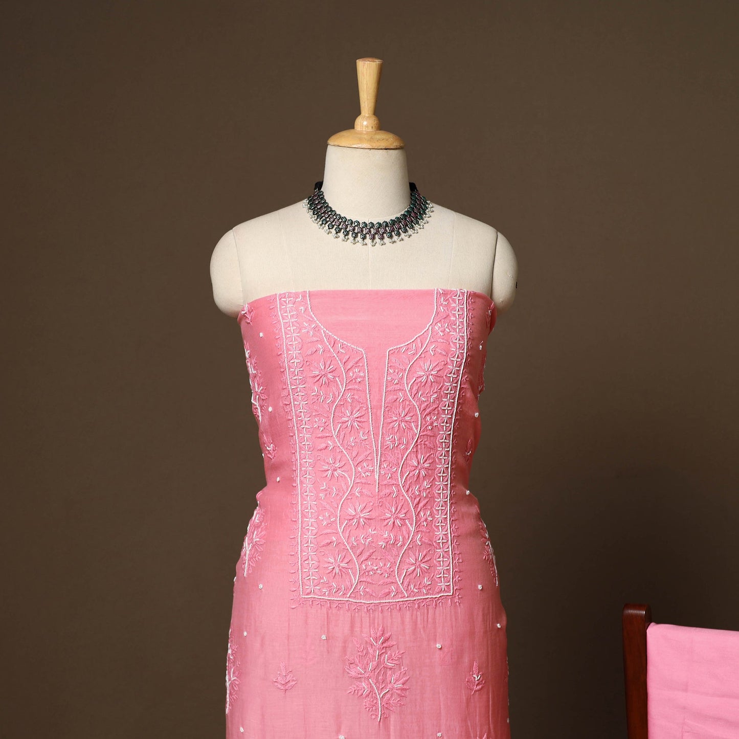 Pink - 3pc chanderi silk unstitched hand beads work heavy