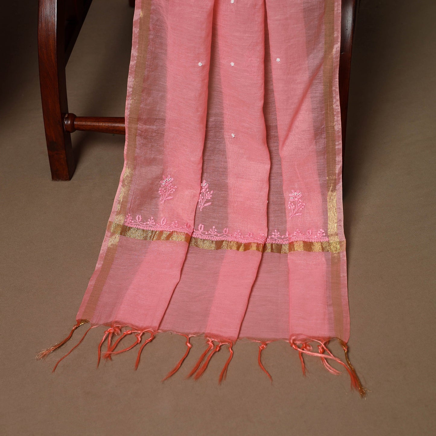 Pink - 3pc chanderi silk unstitched hand beads work heavy