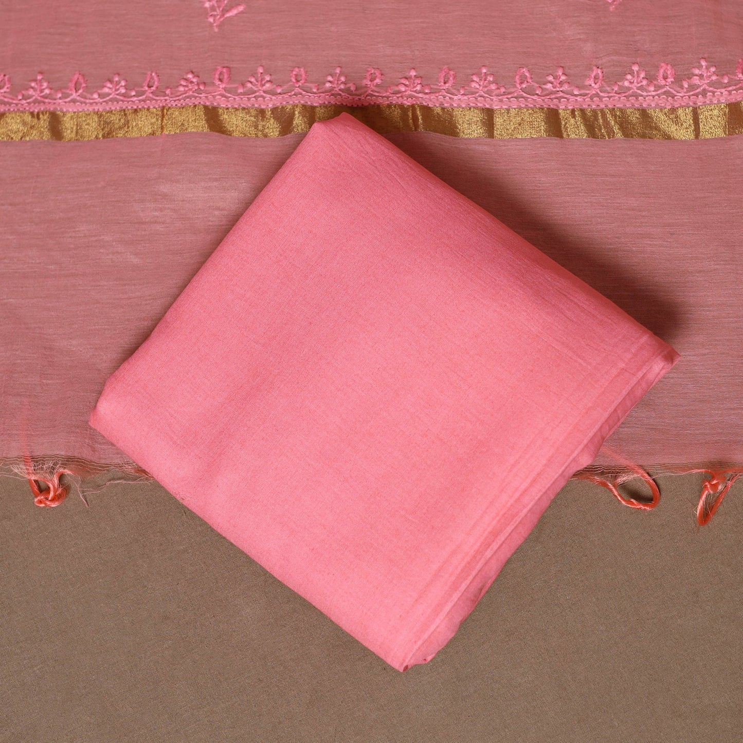 Pink - 3pc chanderi silk unstitched hand beads work heavy