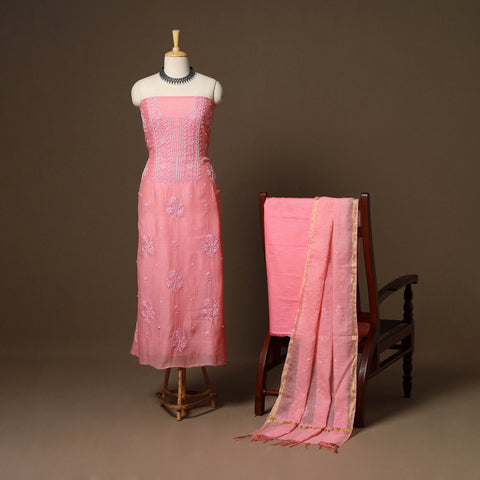 Pink - 3pc chanderi silk unstitched hand beads work heavy