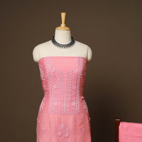 Pink - 3pc chanderi silk unstitched hand beads work heavy