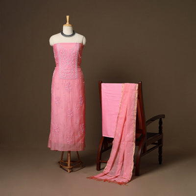 Pink - 3pc chanderi silk unstitched hand beads work heavy