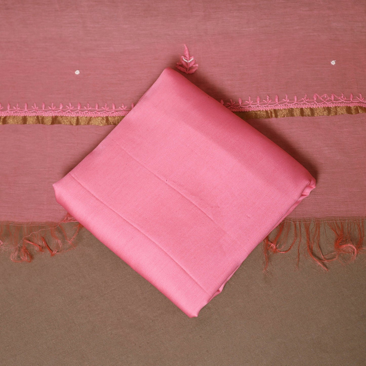 Pink - 3pc chanderi silk unstitched hand beads work heavy