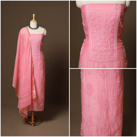Pink - 3pc chanderi silk unstitched hand beads work heavy