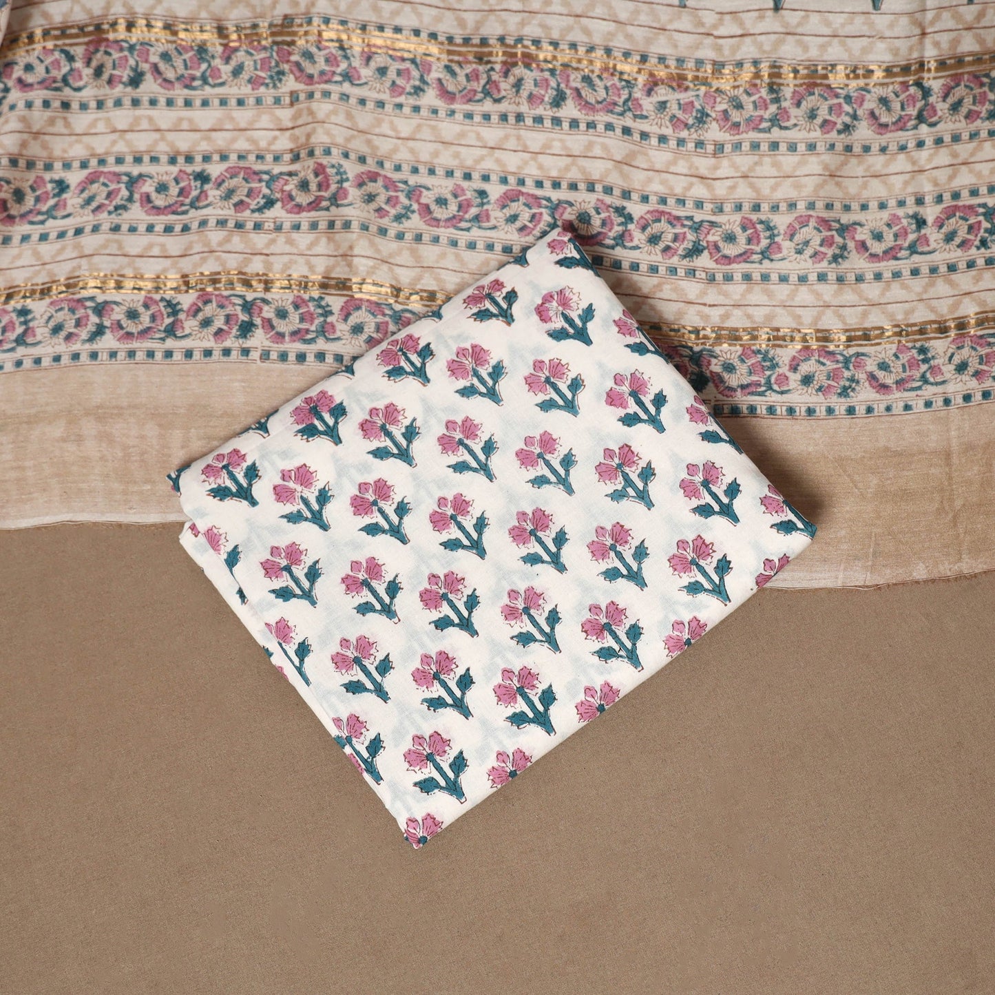 3pc chanderi silk unstitched hand sanganeri dress material