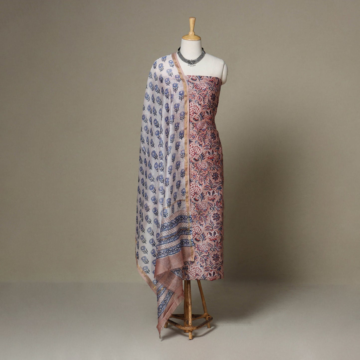 Pink - 3pc chanderi silk unstitched sanganeri dress