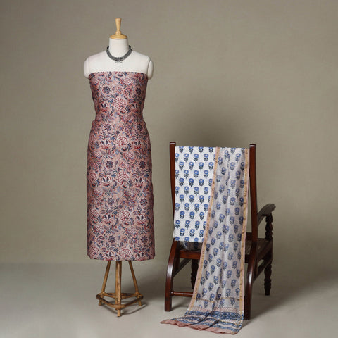 Pink - 3pc chanderi silk unstitched sanganeri dress