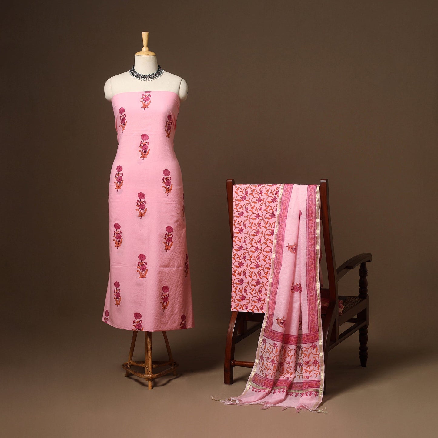 Pink - 3pc cotton hand sanganeri unstitched dress material