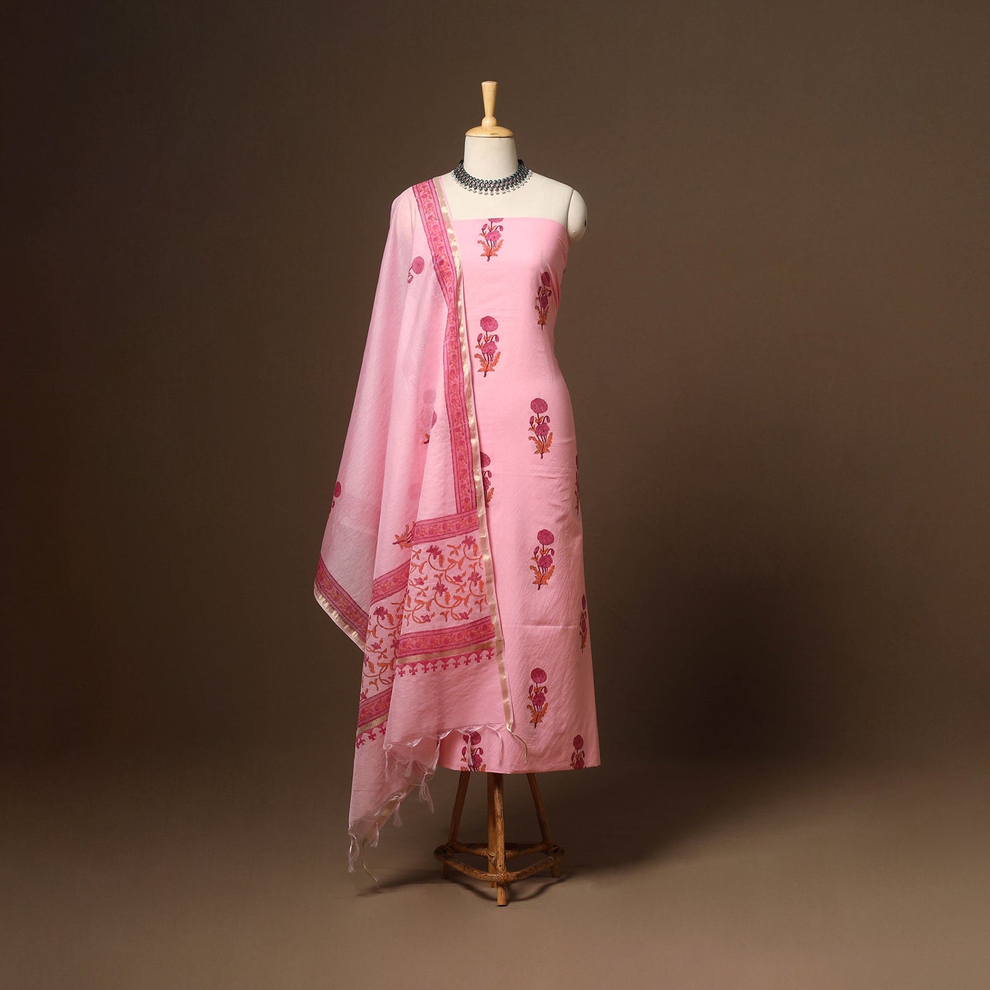 Pink - 3pc cotton hand sanganeri unstitched dress material