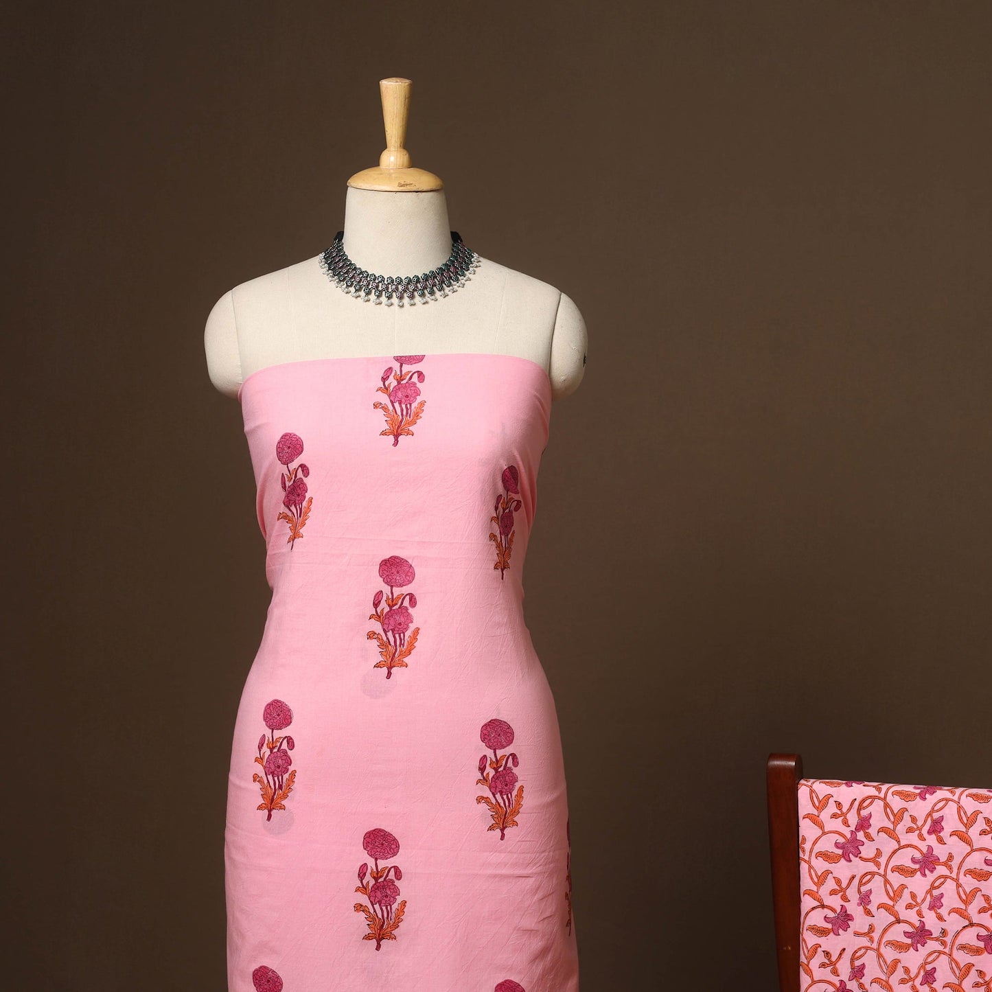 Pink - 3pc cotton hand sanganeri unstitched dress material