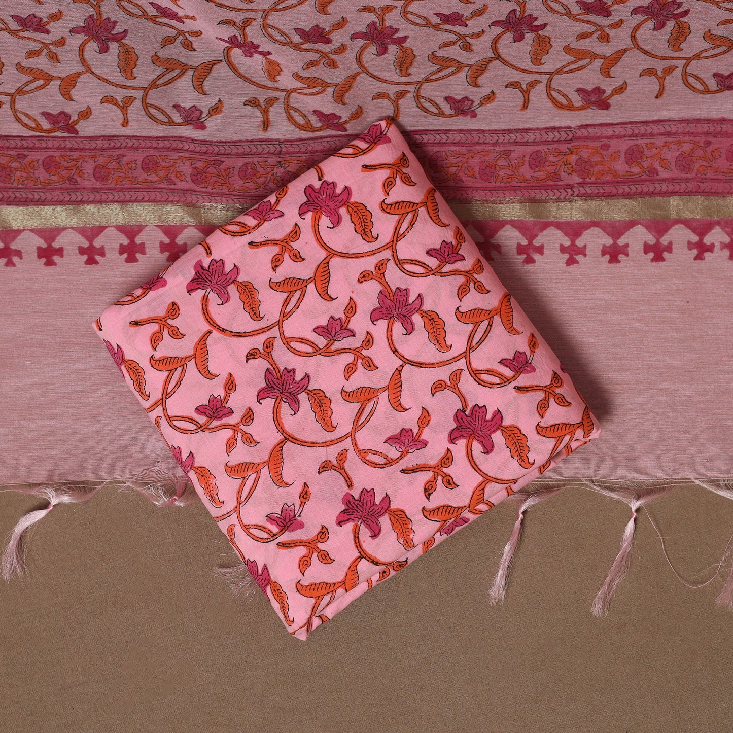 Pink - 3pc cotton hand sanganeri unstitched dress material