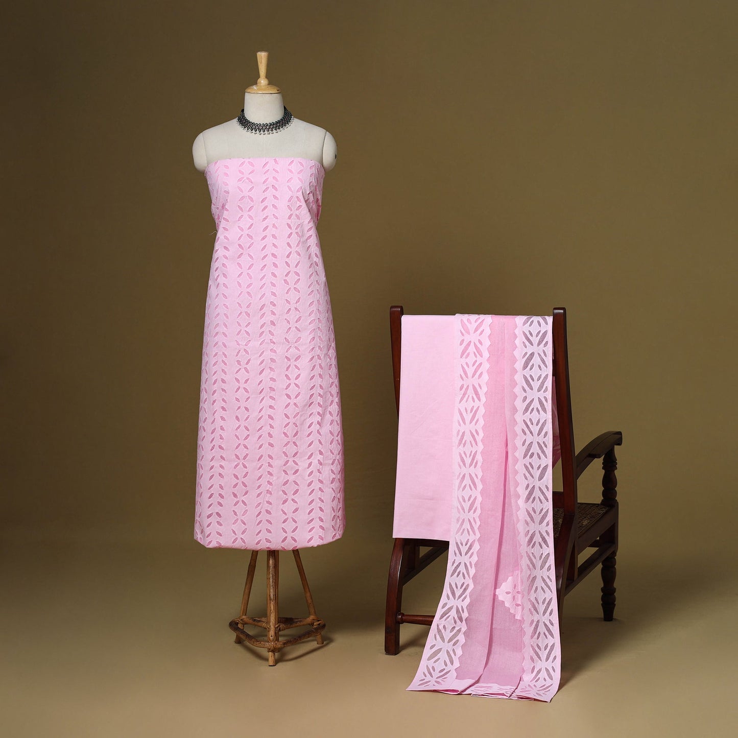 Pink - 3pc cotton unstitched barmer applique cut work dress