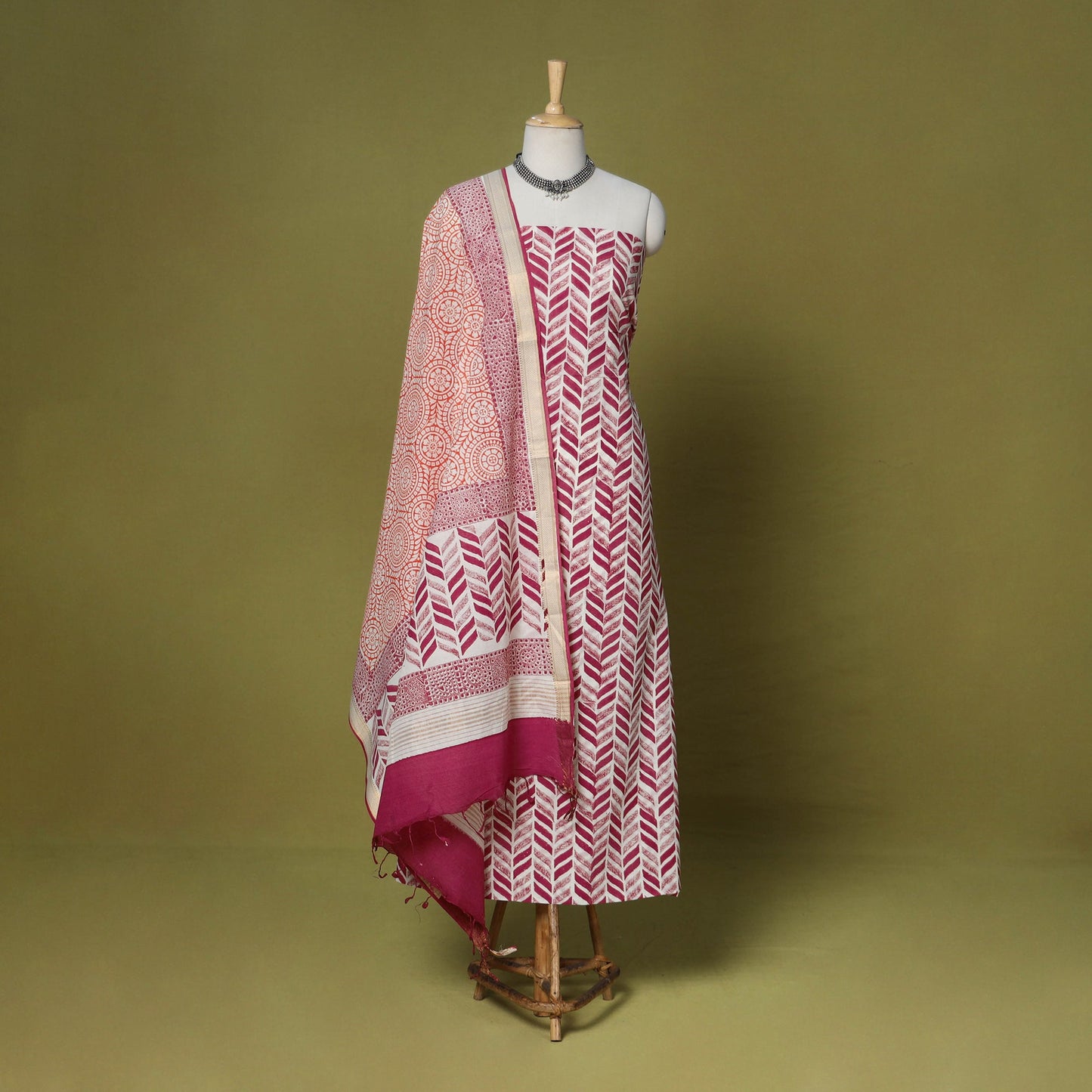 Pink - 3pc cotton unstitched mangalagiri dress material 28