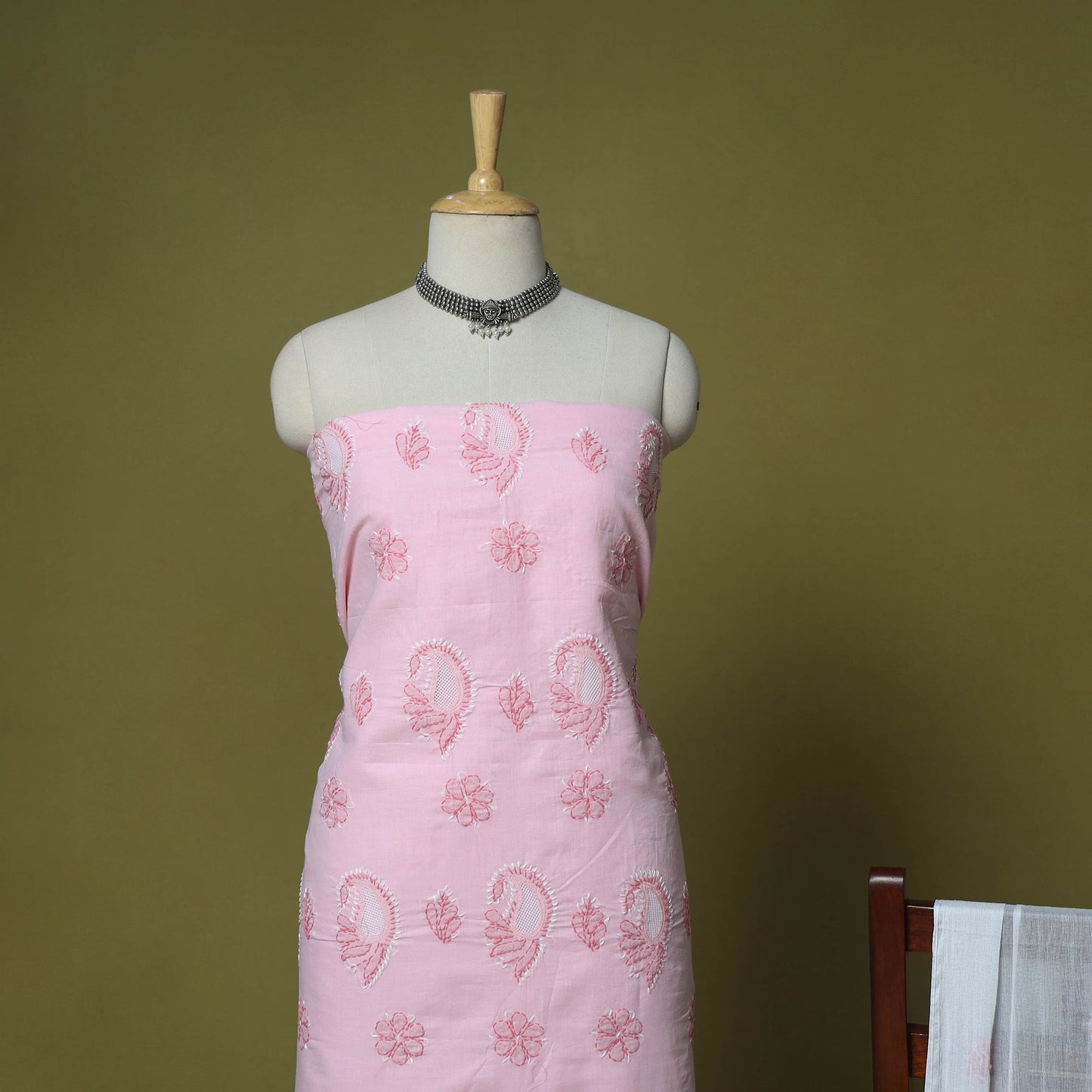 Pink - 3pc hand embroidery cotton lucknow chikankari dress