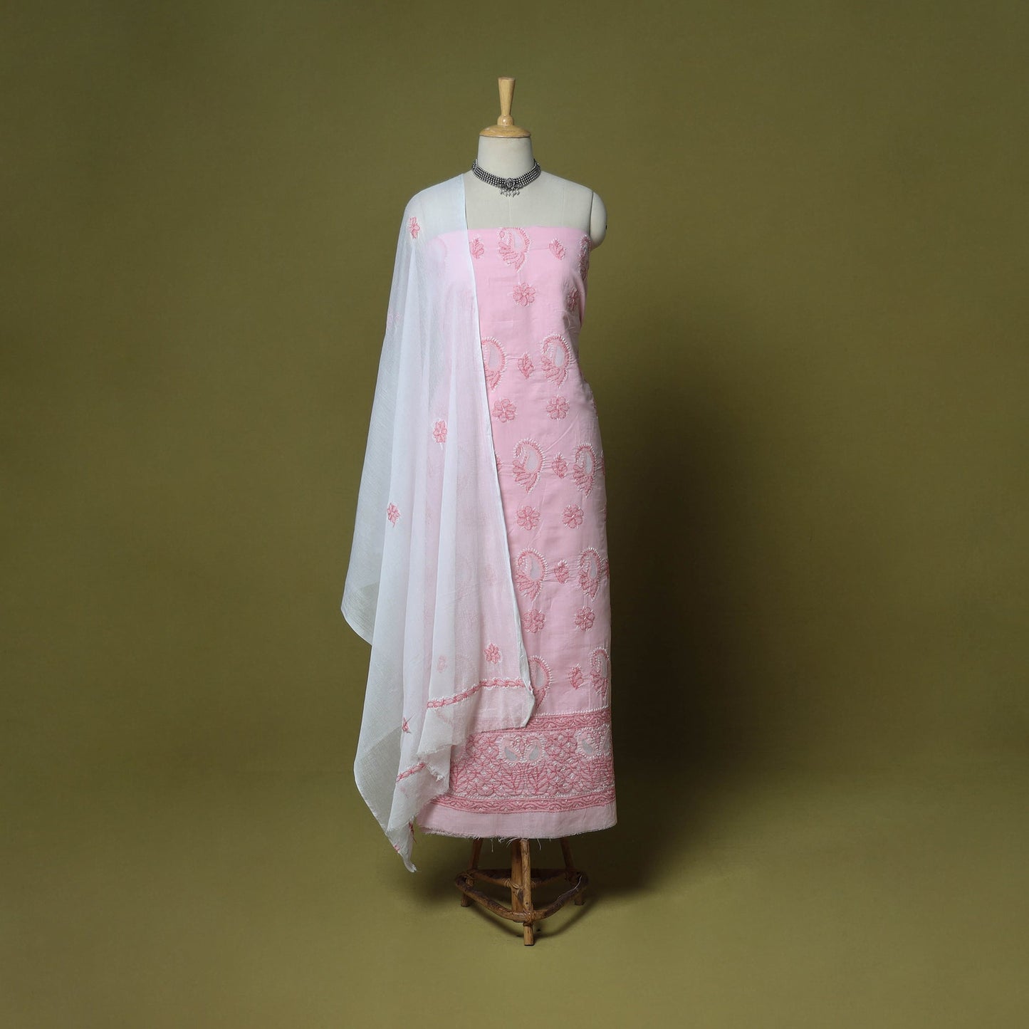 Pink - 3pc hand embroidery cotton lucknow chikankari dress