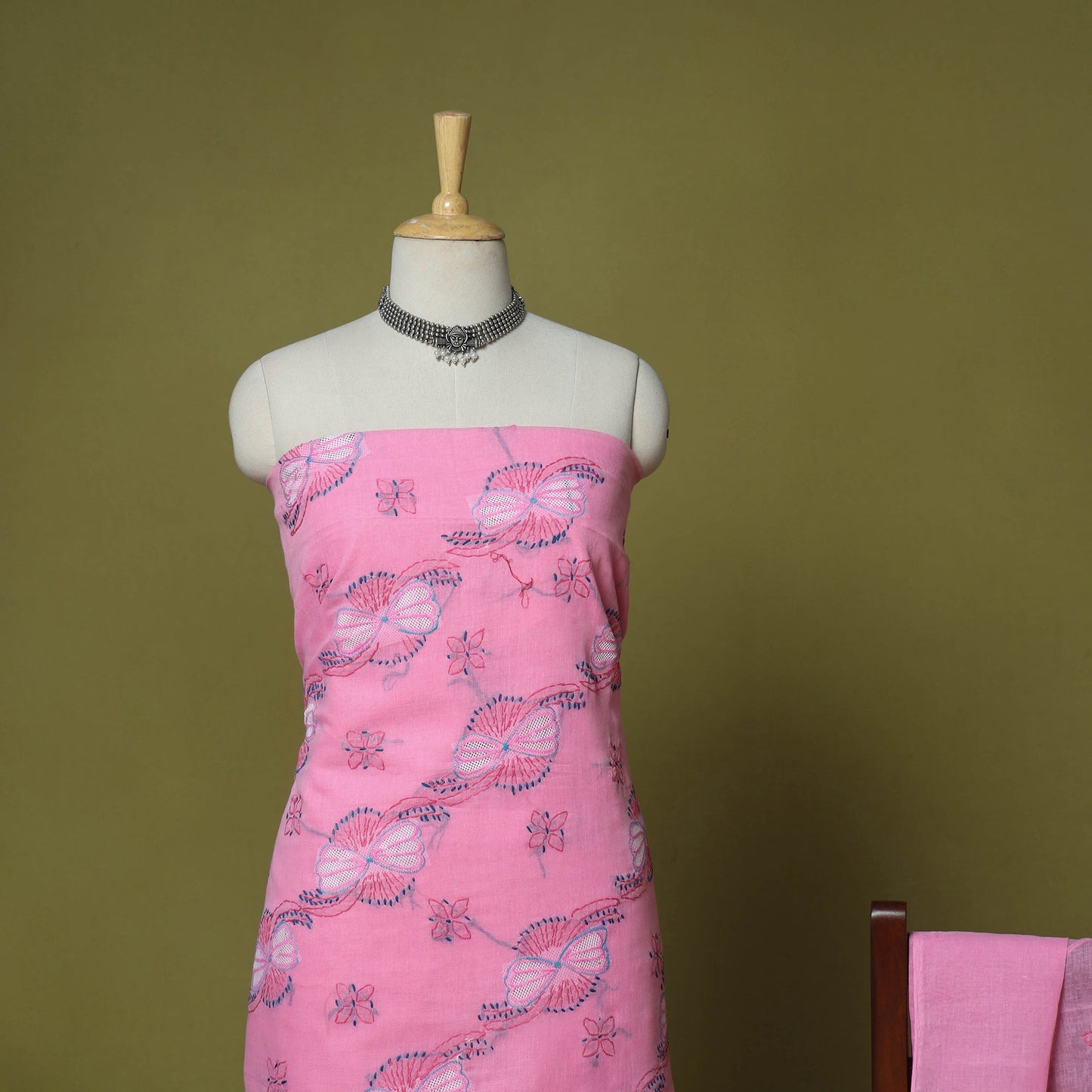 Pink - 3pc hand embroidery cotton lucknow chikankari dress