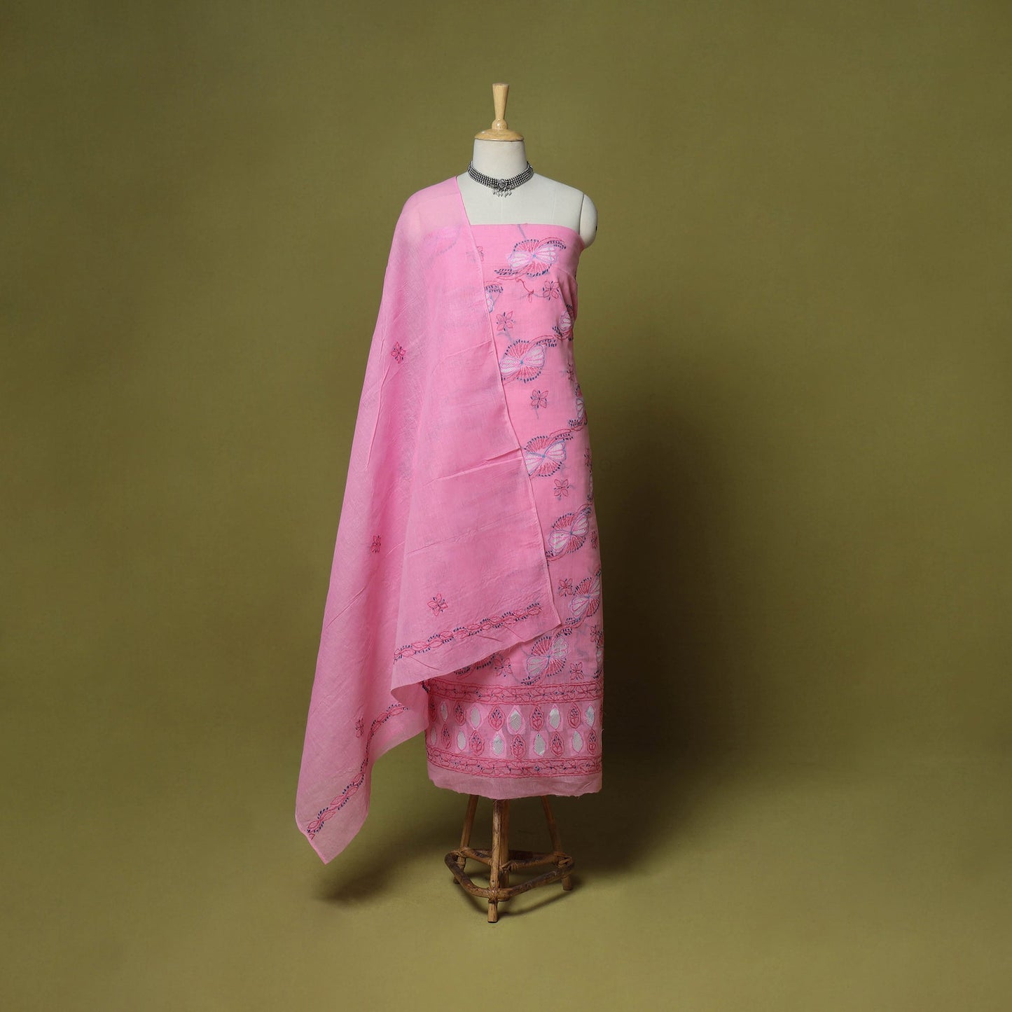 Pink - 3pc hand embroidery cotton lucknow chikankari dress