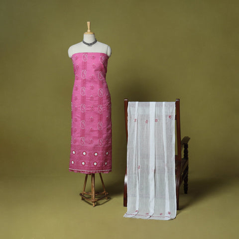 Pink - 3pc hand embroidery cotton lucknow chikankari dress