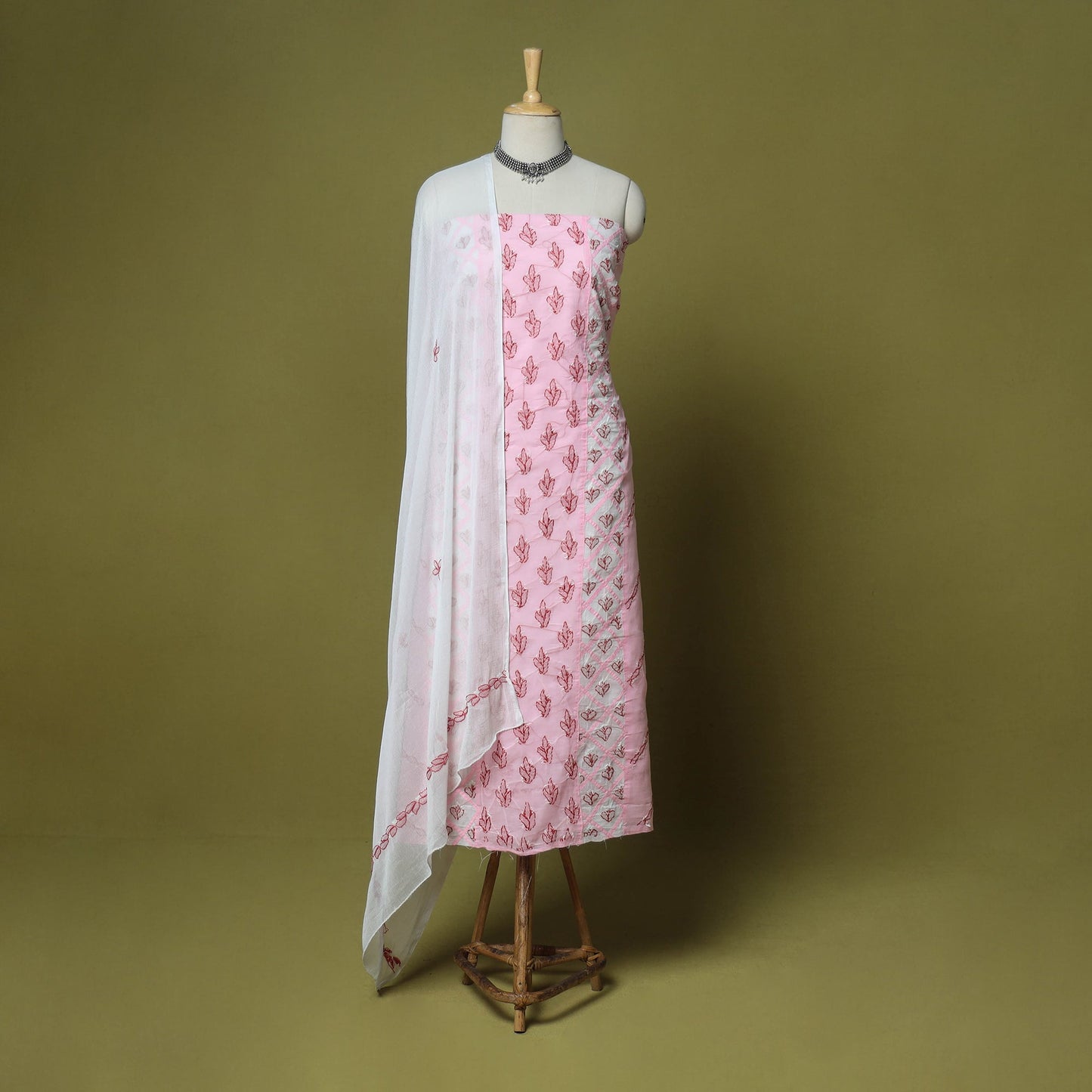 Pink - 3pc hand embroidery cotton lucknow chikankari dress