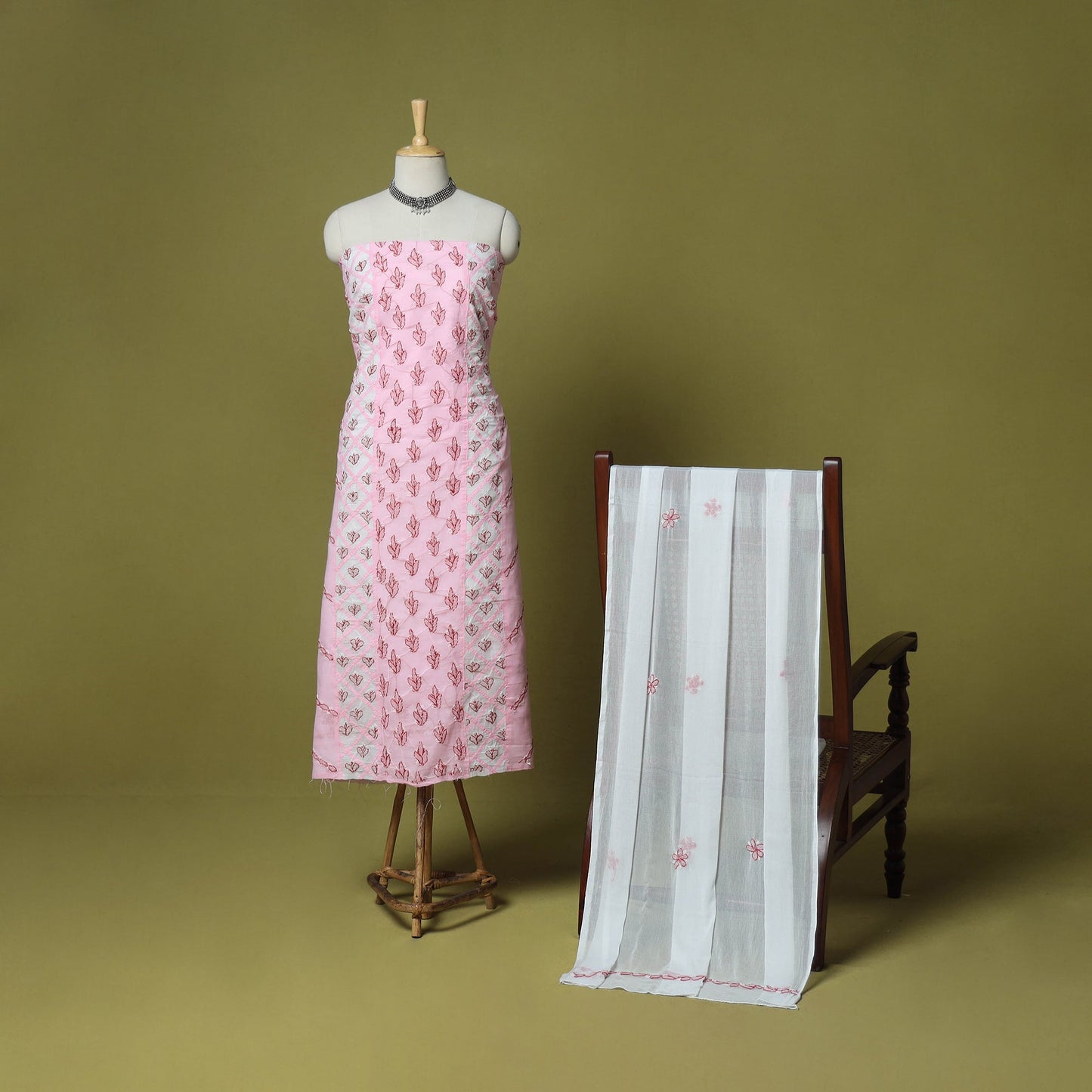 Pink - 3pc hand embroidery cotton lucknow chikankari dress