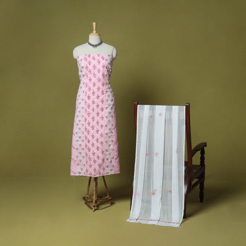 Pink - 3pc hand embroidery cotton lucknow chikankari dress