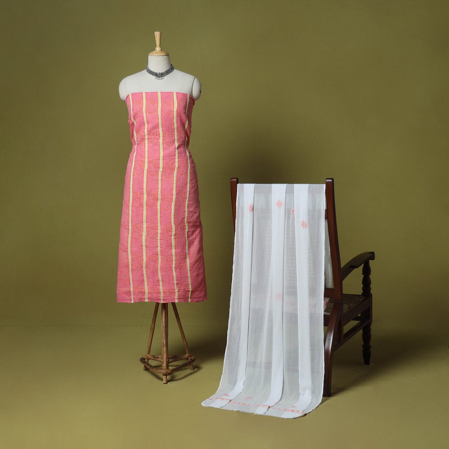 Pink - 3pc hand embroidery cotton lucknow chikankari dress