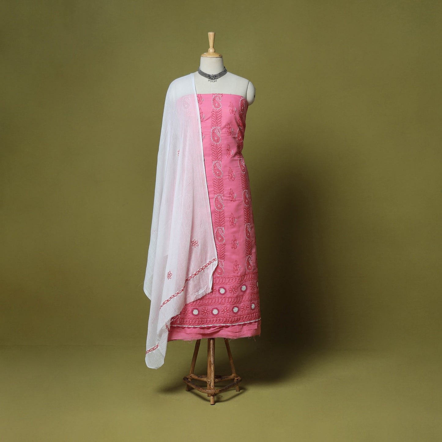 Pink - 3pc hand embroidery cotton lucknow chikankari dress