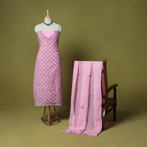 Pink - 3pc hand embroidery cotton lucknow chikankari dress
