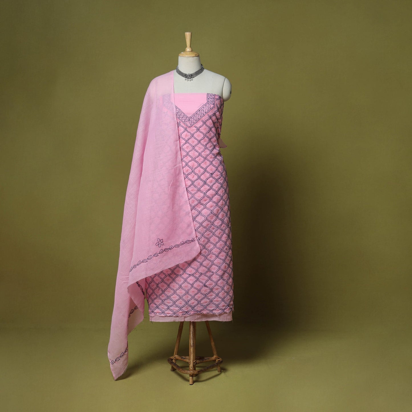 Pink - 3pc hand embroidery cotton lucknow chikankari dress