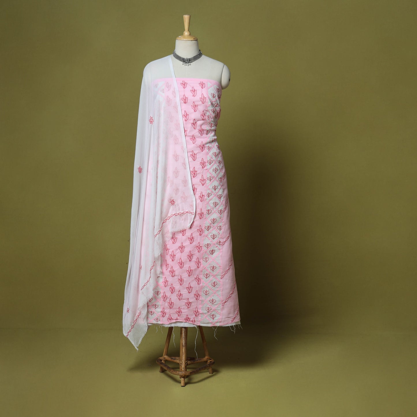 Pink - 3pc hand embroidery cotton lucknow chikankari dress