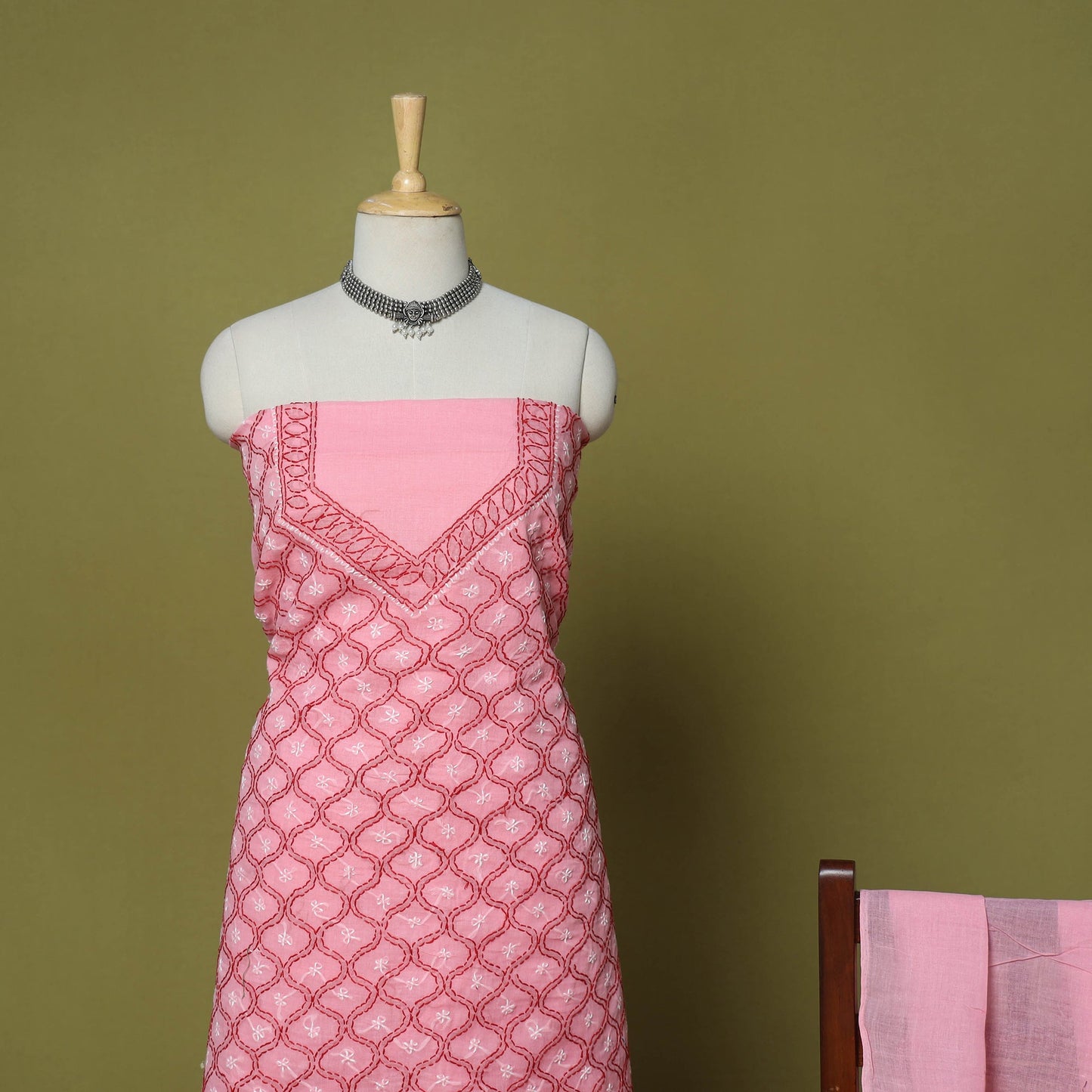 Pink - 3pc hand embroidery cotton lucknow chikankari dress